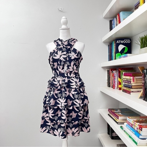 Outerknown Bailey Short Tiered Dress in Navy with Pink Flowers Sz 6 - Picture 1 of 14